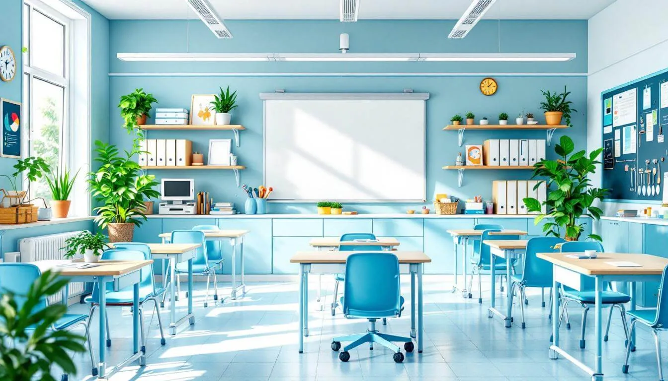 Bright, clean classroom with light blue walls and desks