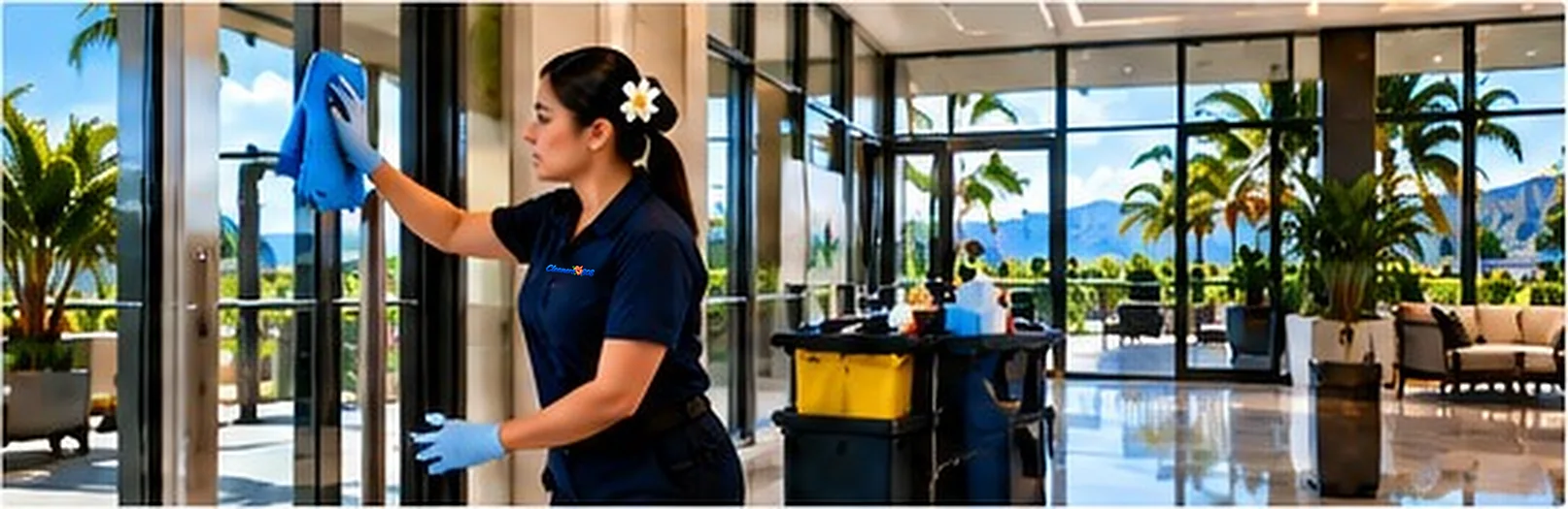 Cleaners 808 day porter cleaning a glass entry door