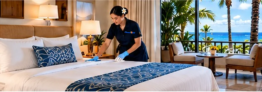 Cleaners 808 cleaner preparing an oceanview hotel guest suite