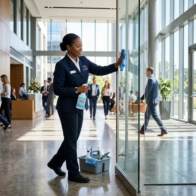 Cleaner polishing lobby glass doors in an office building