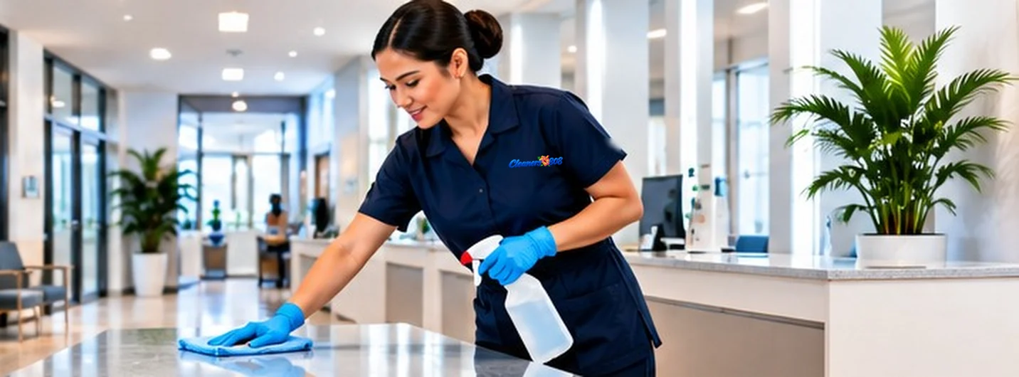 Cleaners 808 cleaner disinfecting a clinic reception counter