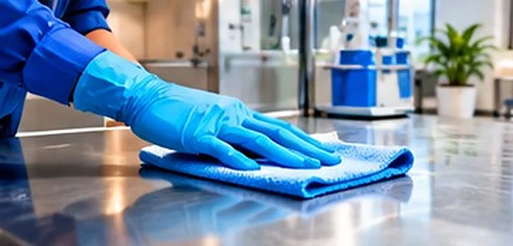 Gloved hand wiping a medical office counter
