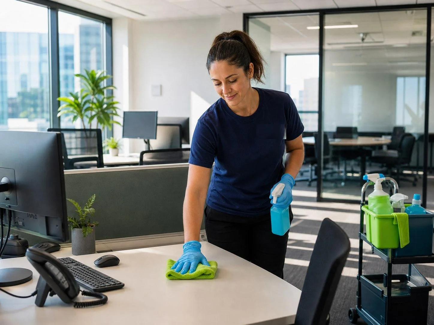 Cleaners 808 cleaner sanitizing an office workstation