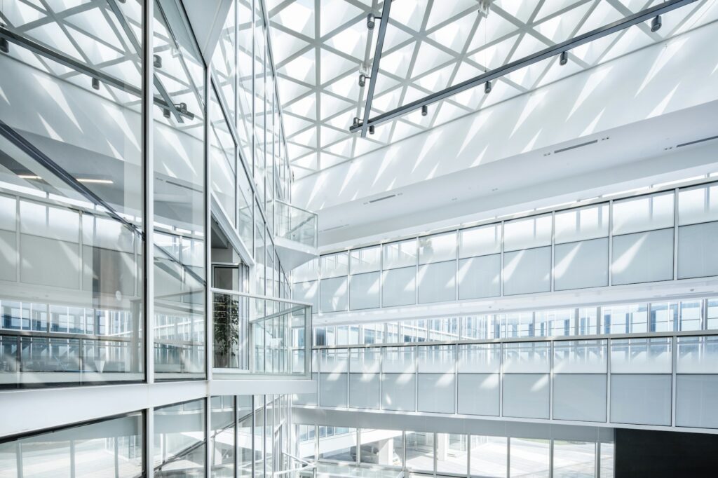 Bright glass office building interior