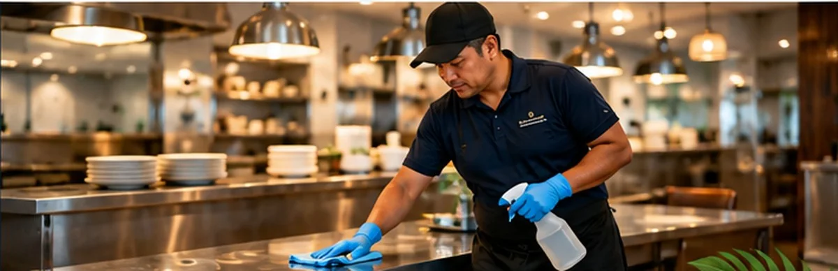Cleaner sanitizing a restaurant service counter