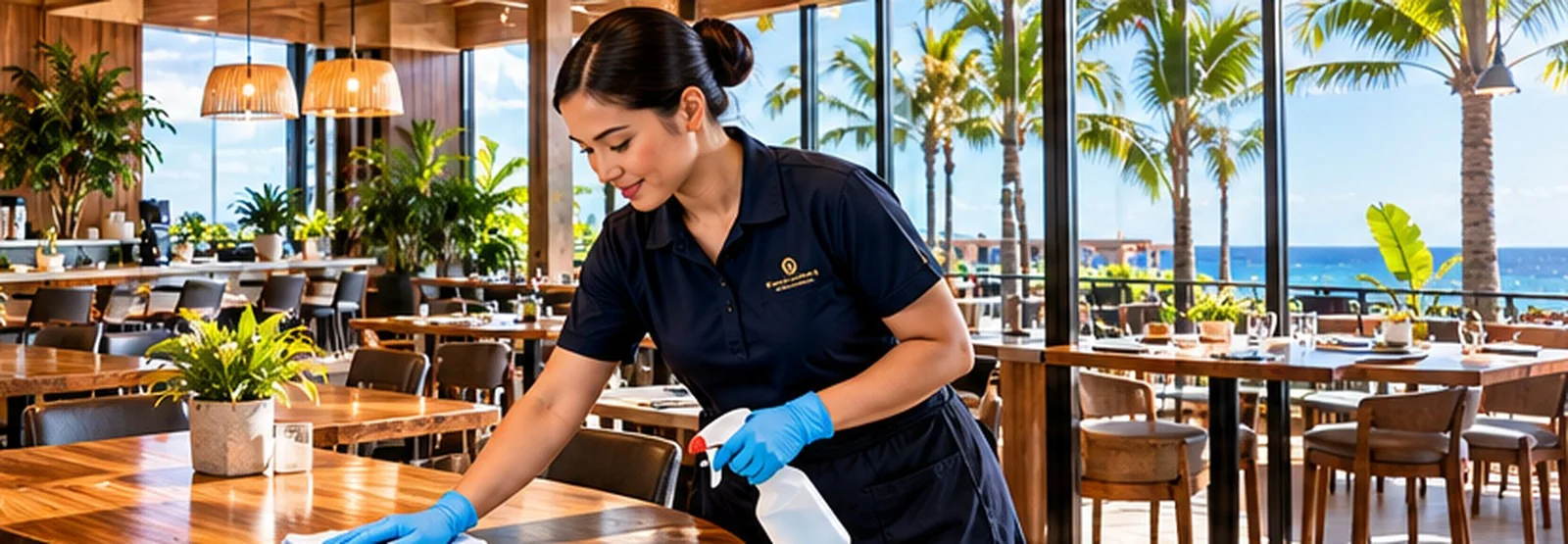 Cleaner wiping tables in an oceanview restaurant on Oahu