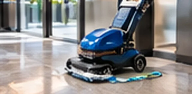 Floor scrubber cleaning a polished commercial floor