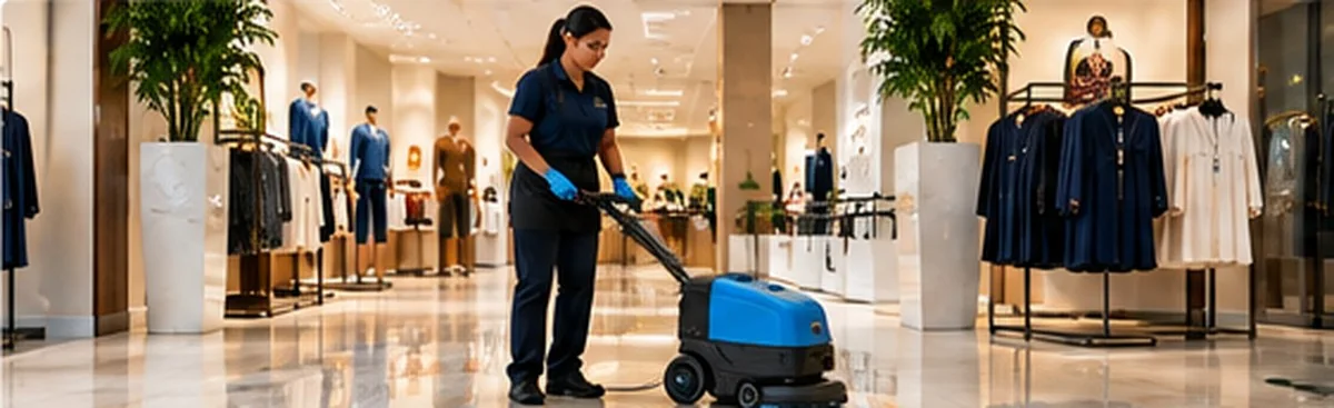 Cleaner scrubbing the floor of a retail clothing store
