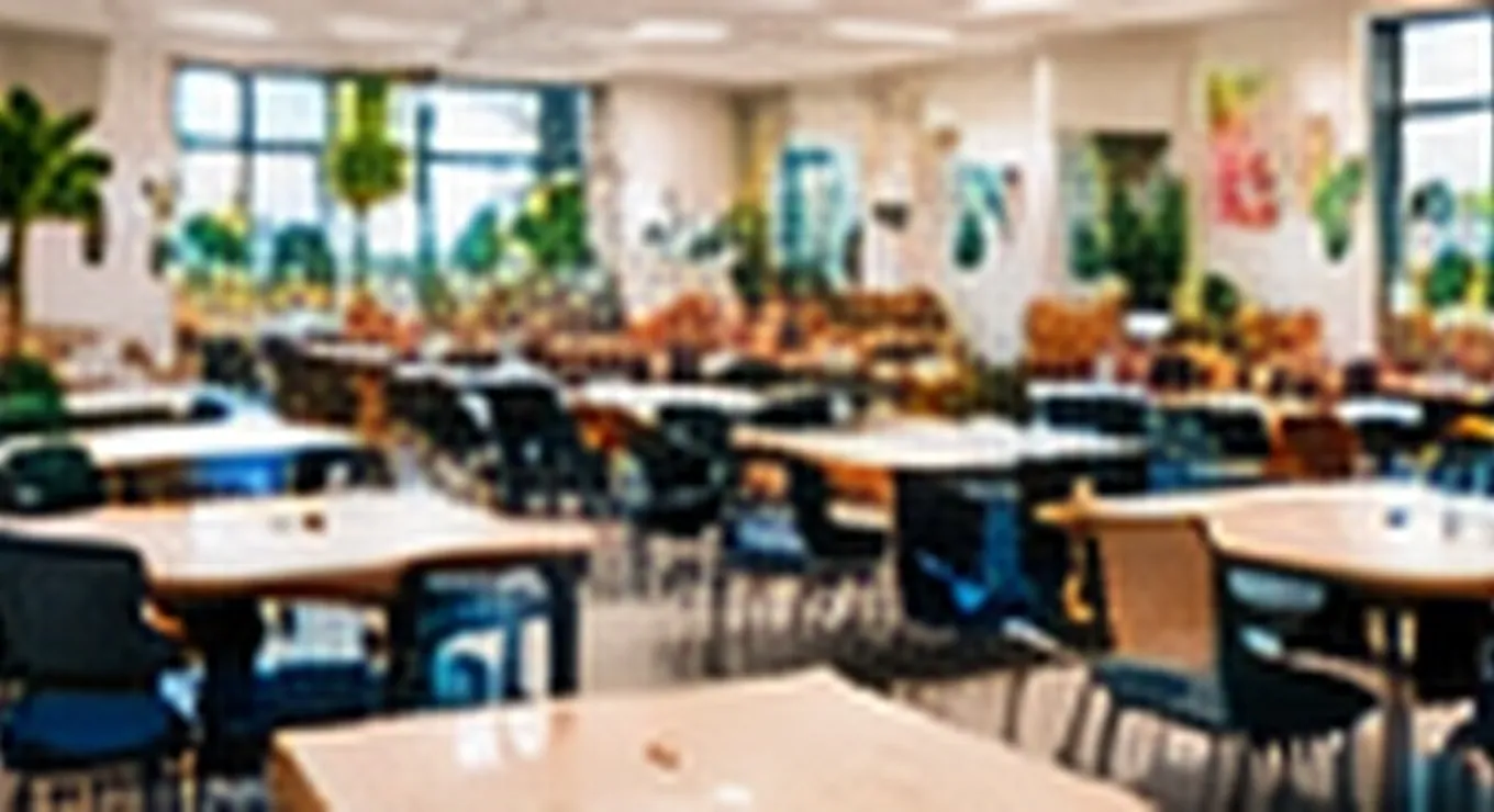 Clean school cafeteria tables and seating