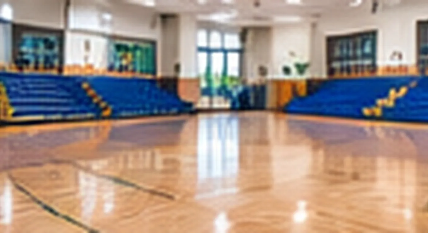 Polished school gymnasium floor and bleachers