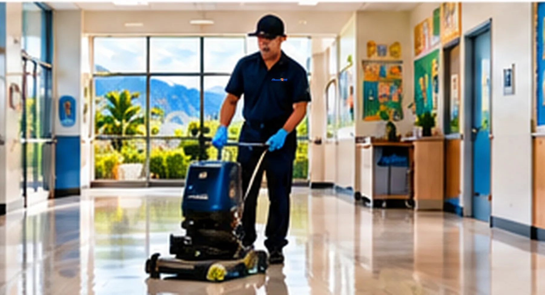 Cleaners 808 technician scrubbing a school hallway floor