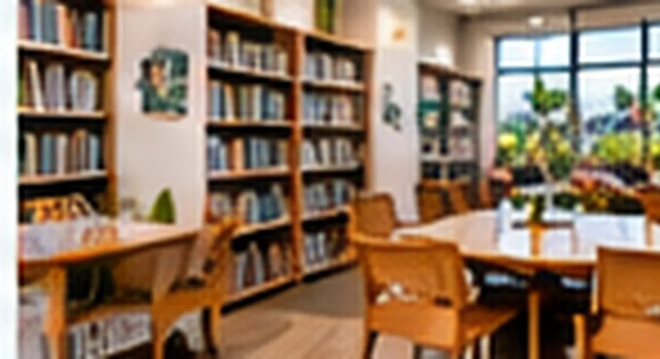 Clean school library study tables and shelves