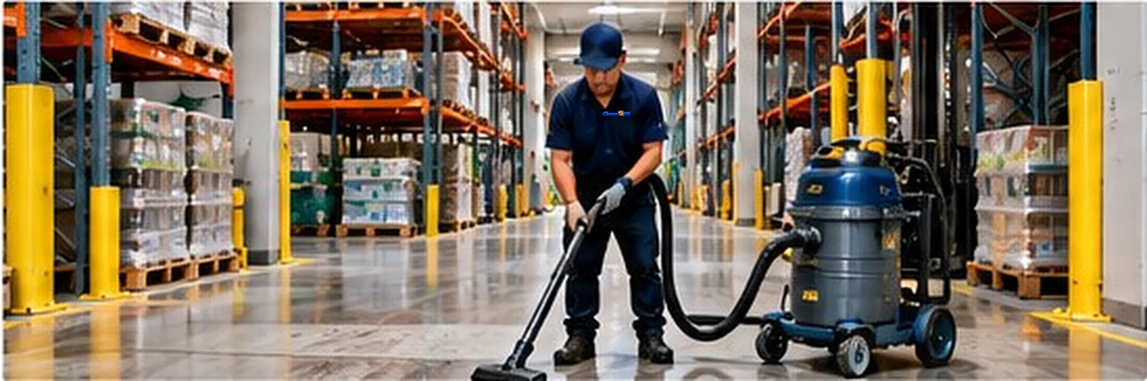 Cleaners 808 technician vacuuming a warehouse aisle